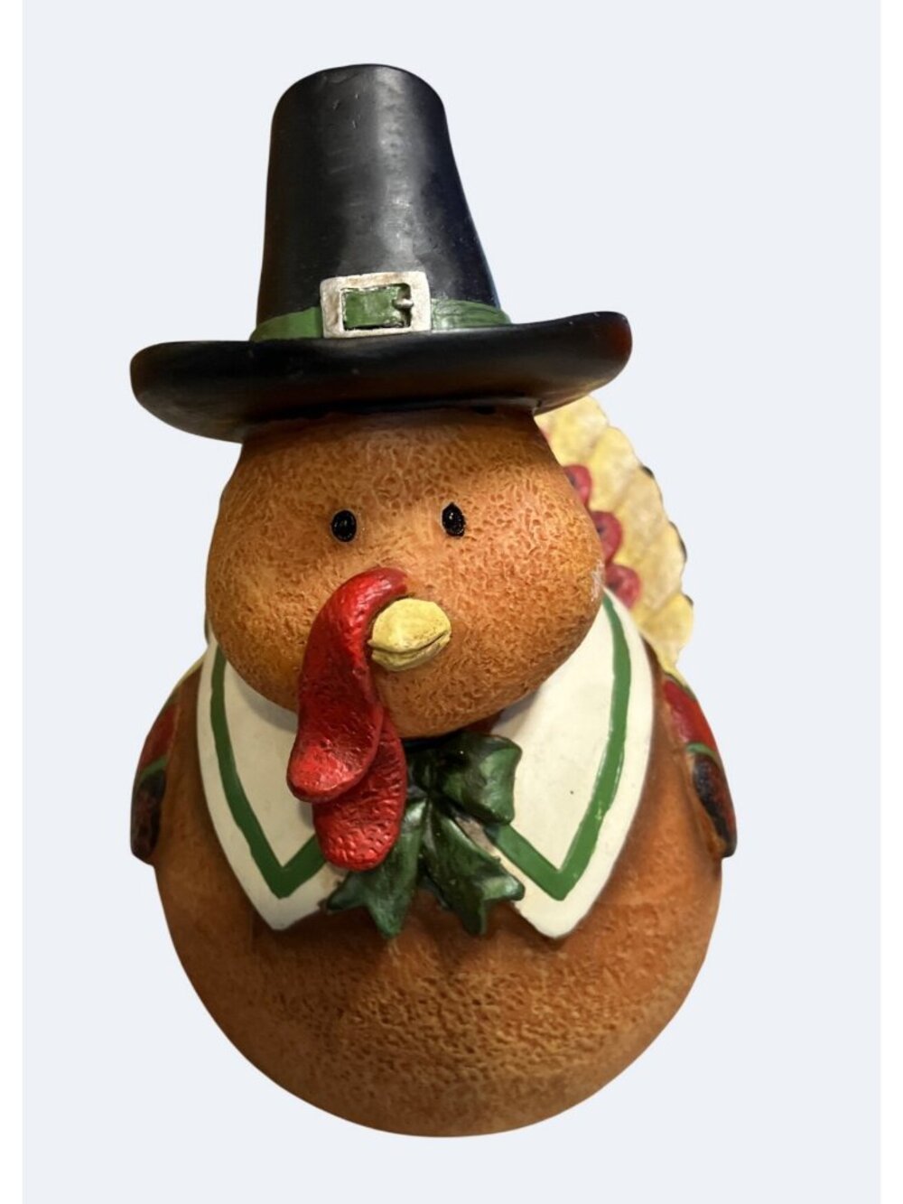 Thanksgiving Round Bottom Turkey Figurine With Pilgrim Hat and Colorful Tail